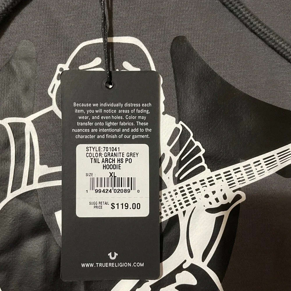 True Religion Mens Granite Grey Buddha Guitar Graphic Sleeve Logo Hoodie XL $119